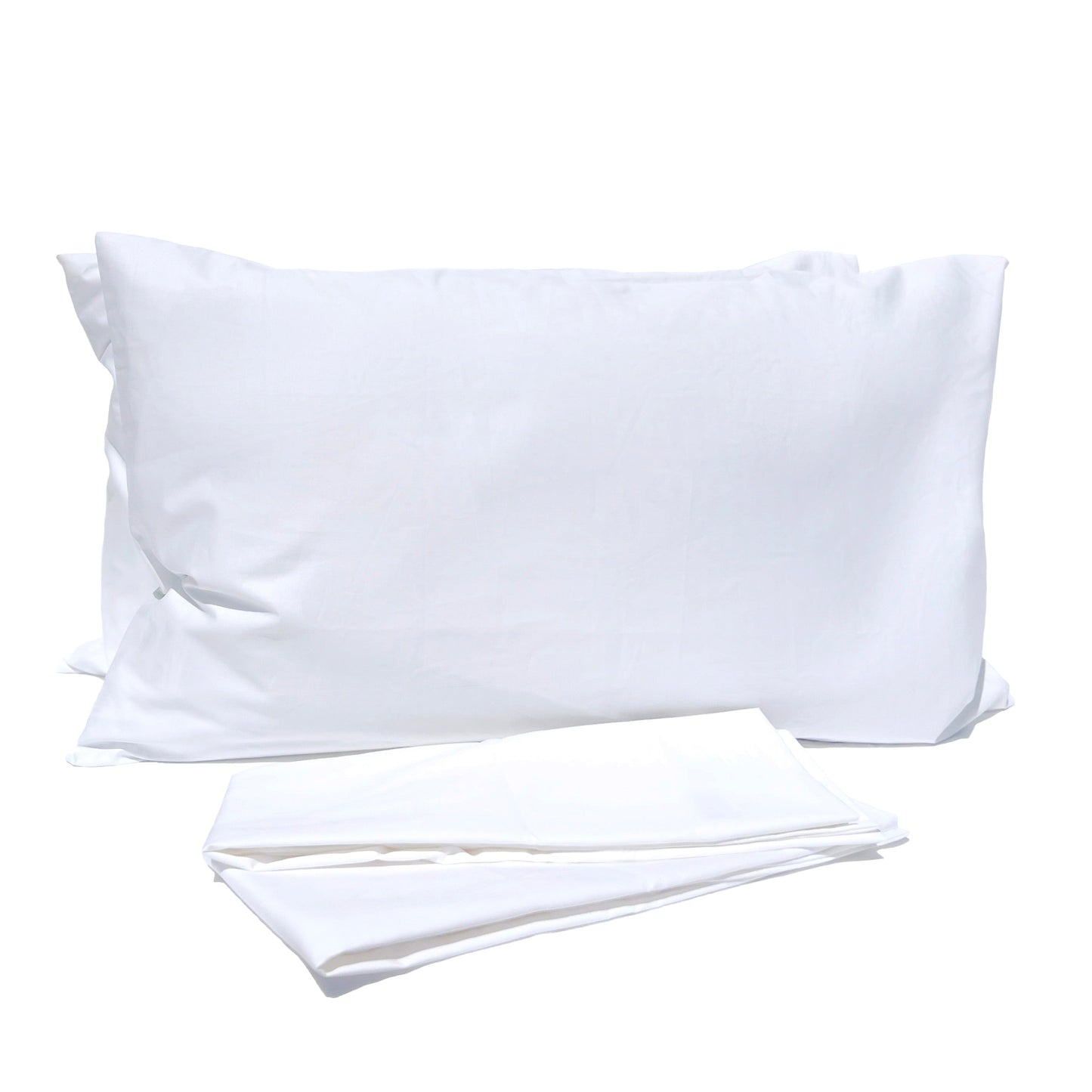 A white Pillowtex pillowcase and a white sheet made of a Cotton Polyester blend fabric on a white surface.
